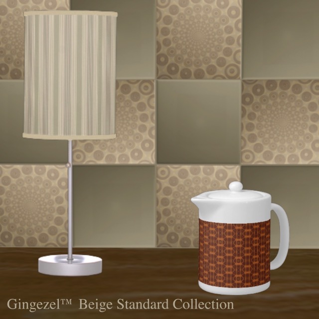 A staging image of beige tile used behind a counter. The lamp and tea pot are at our main Zazzle store.